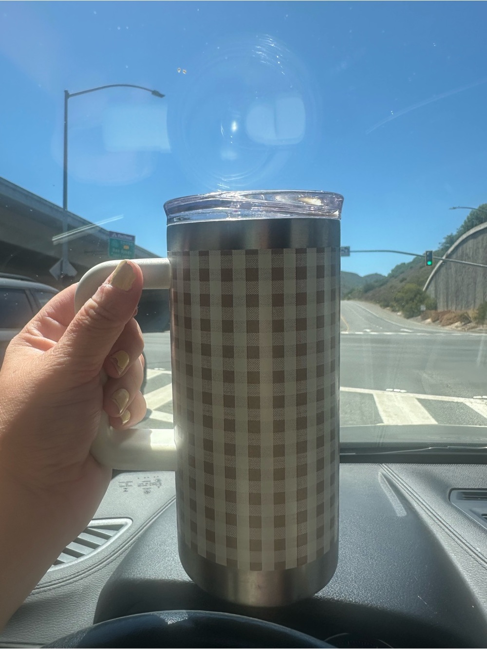 Insulated Beige Check Pattern Travel Mug with Handle